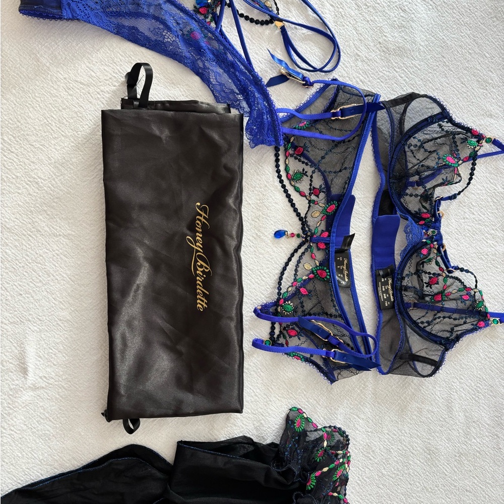 Honey Birdette Leah ! 34B , M, S, Black and Blue Embroidered Bra Set Christmas! - Picture 6 of 15